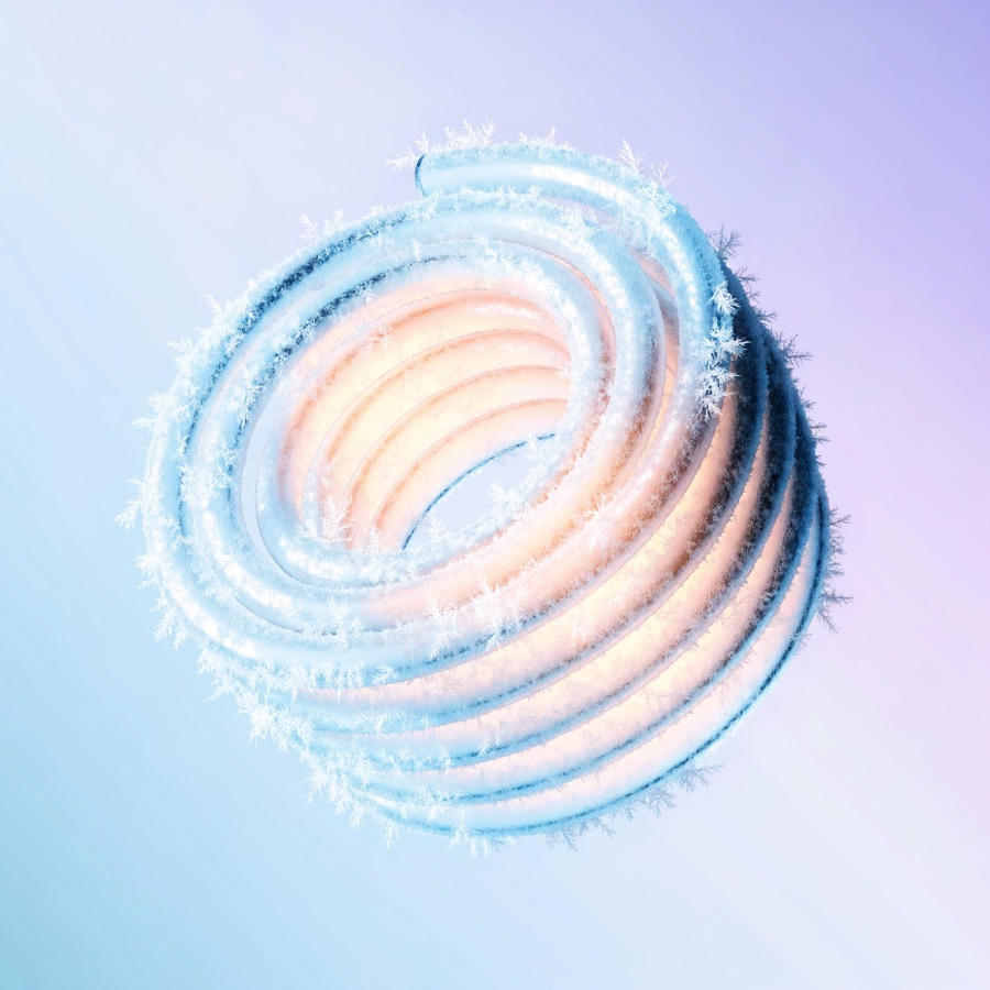 A frost covered coiled heat exchanger in pale ice blue glass
